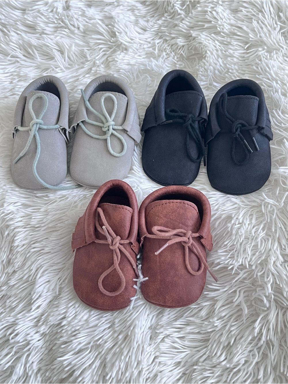 Baby Suede Moccasins in Gray, Black & Rust - Soft Tie Closure